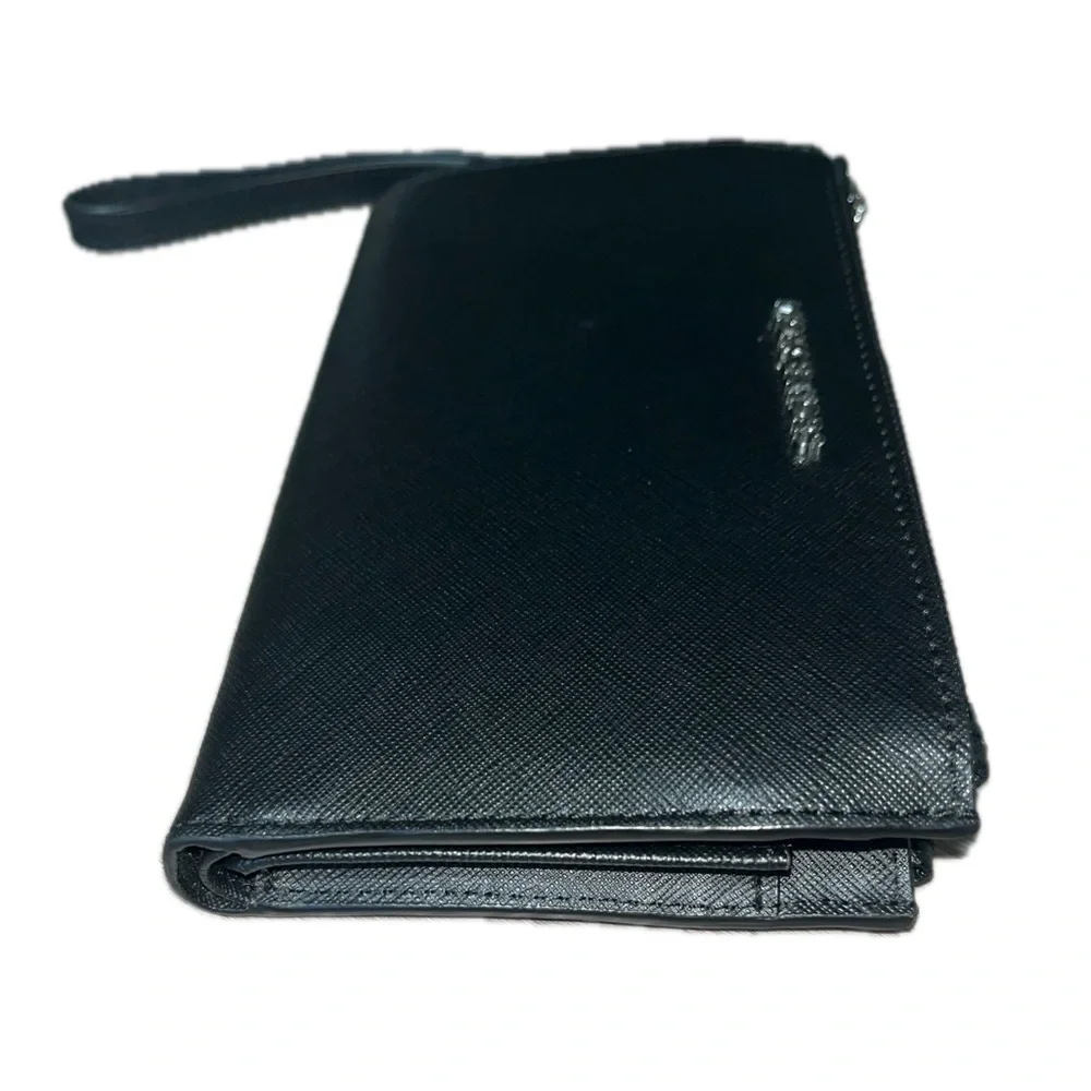 Michael Kors Black Leather Jet Set Double Zip Wallet Wristlet Silver-Tone Accent